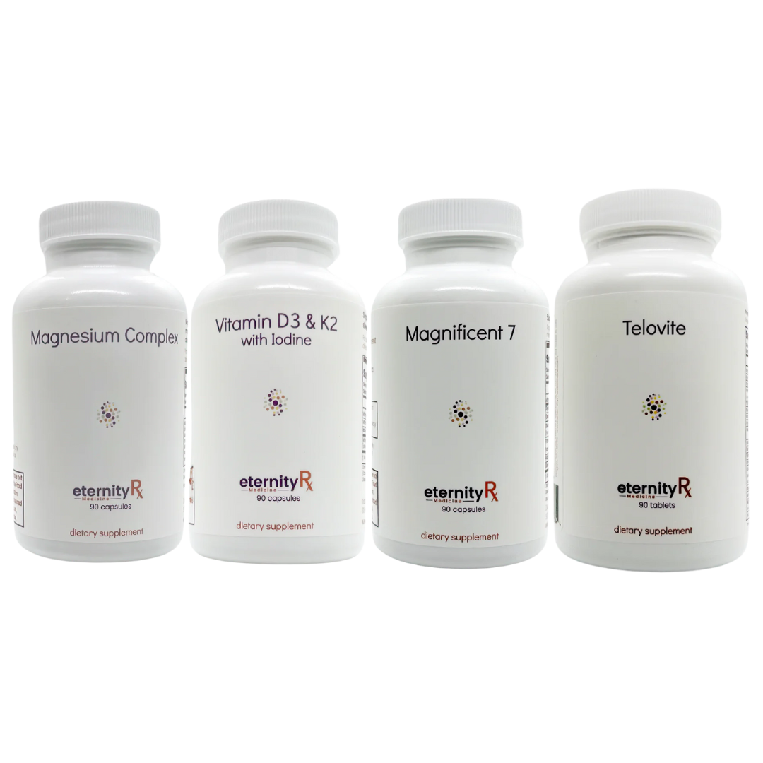 Eternity Medicine Rx Nutrient Sensing Bundle featuring four science-backed supplements — Magnificent 7, Telovite™, Magnesium Complex, and Vitamin D3 & K2. Designed to restore metabolic flexibility, enhance insulin sensitivity, and support healthy aging.