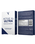 Active H2 Ultra molecular hydrogen tablets – front and back view of packaging showcasing H2 tablets for antioxidant support. The front highlights molecular hydrogen benefits, while the back displays supplement facts, usage instructions, and ingredients, emphasizing magnesium-infused hydrogen support.