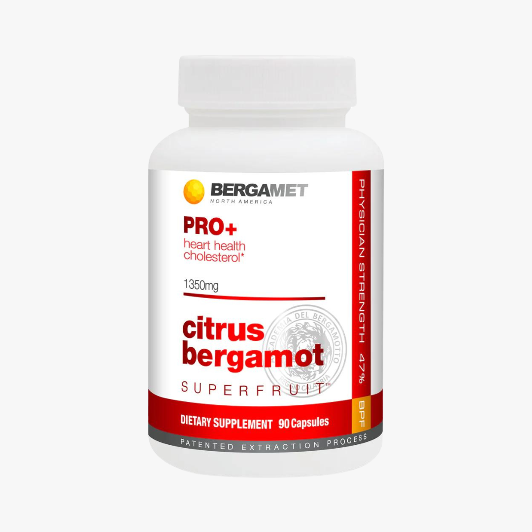 Bergamet PRO+ Citrus Bergamot bottle showcasing its cholesterol and heart health benefits. Physician-strength formula with 90 capsules and a patented citrus bergamot extraction process.