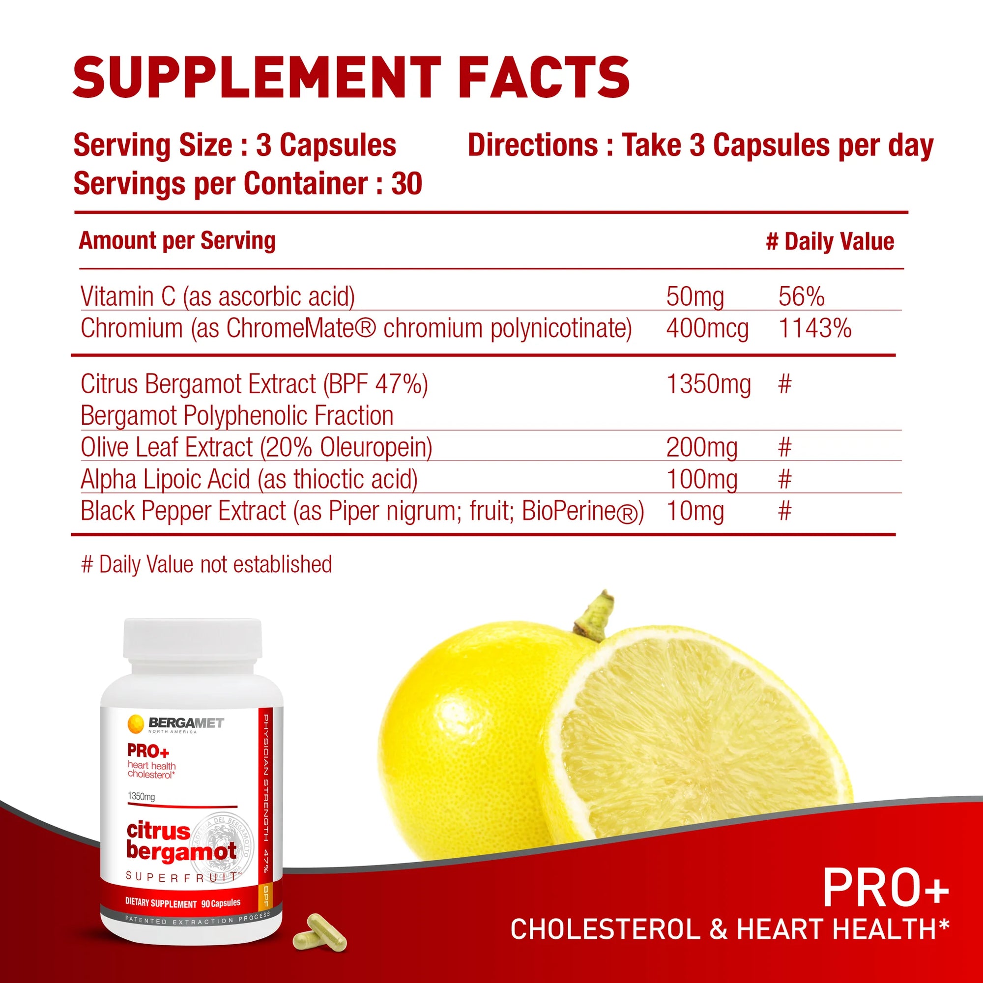 Supplement facts label for Bergamet PRO+ Citrus Bergamot, highlighting key ingredients including 1350mg of citrus bergamot extract, olive leaf extract, alpha lipoic acid, and black pepper extract for enhanced absorption.