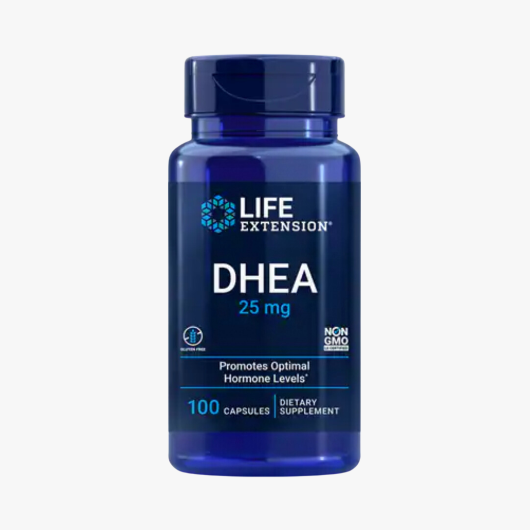 Front view of Life Extension DHEA 25 mg bottle highlighting key features and 100 capsules.