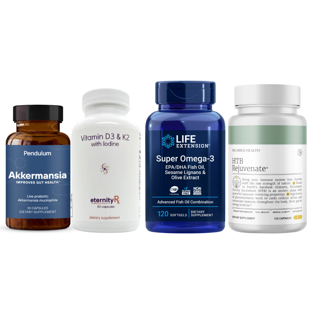 Eternity Medicine Rx Gut Microbiome Support Bundle featuring Akkermansia, HTB Rejuvenate, Super Omega-3, and Vitamin D3 & K2. A targeted supplement set designed to repair gut lining, balance microbiome health, and strengthen immunity against inflammation and chronic disease.