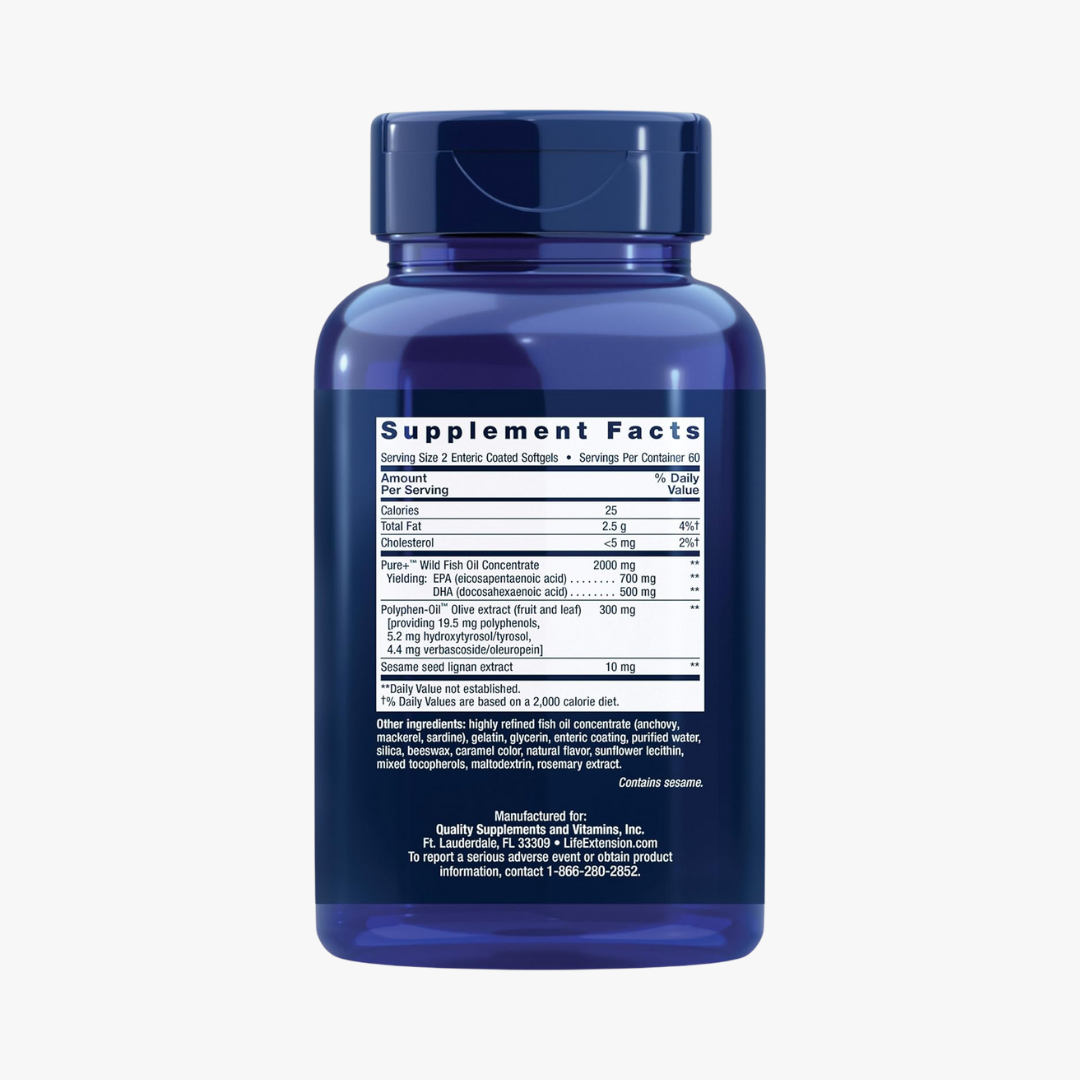 Supplement facts for Life Extension Super Omega-3, featuring EPA/DHA fish oil, sesame lignans, olive extract, and nutritional breakdown for 2 softgels.