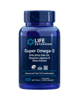 Life Extension Super Omega-3 dietary supplement bottle with 120 softgels, promoting heart health with EPA/DHA fish oil, sesame lignans, and olive extract, gluten-free and non-GMO.