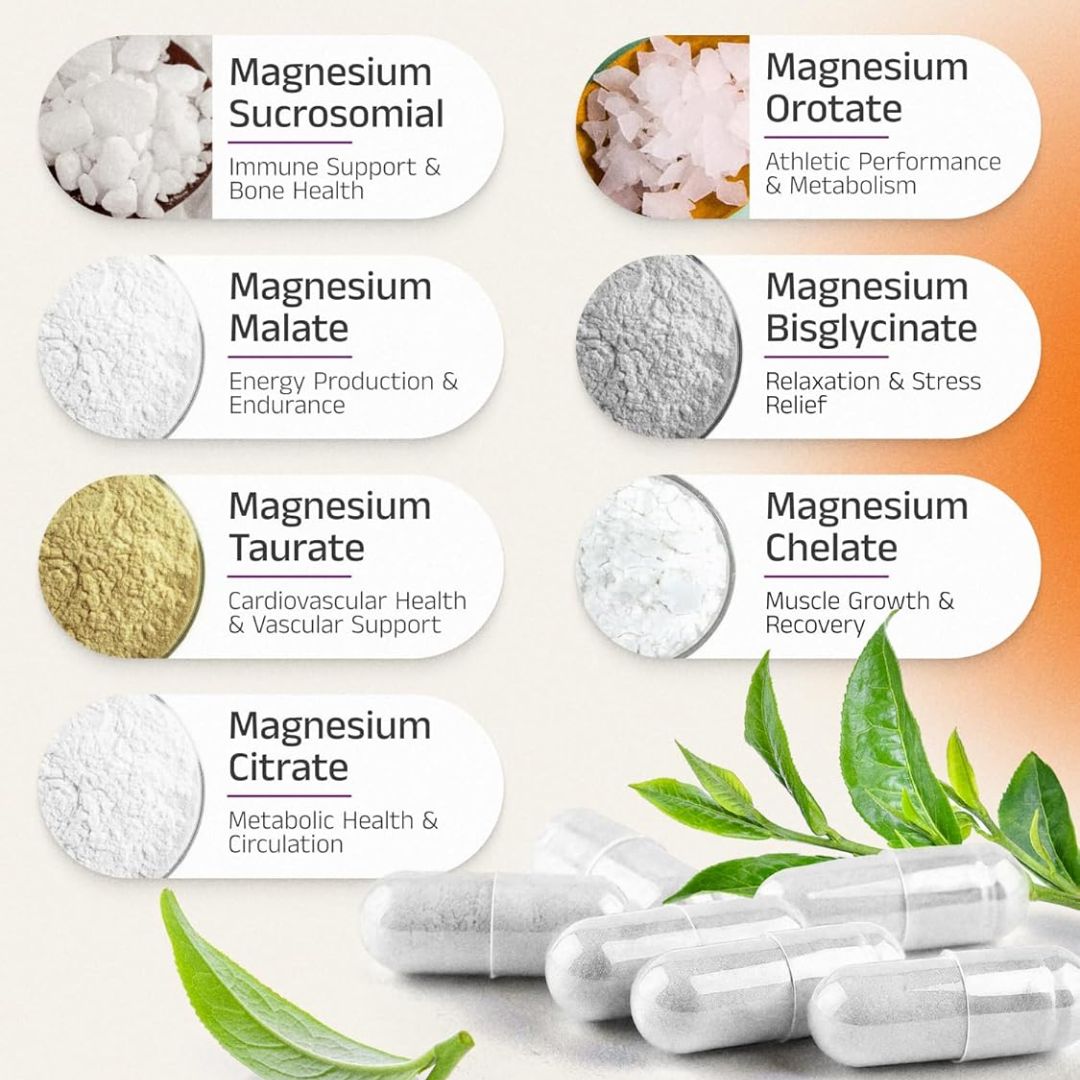 Illustration of magnesium supplements with labels on a gradient background