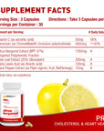 Supplement facts label for Bergamet PRO+ Citrus Bergamot, highlighting key ingredients including 1350mg of citrus bergamot extract, olive leaf extract, alpha lipoic acid, and black pepper extract for enhanced absorption.