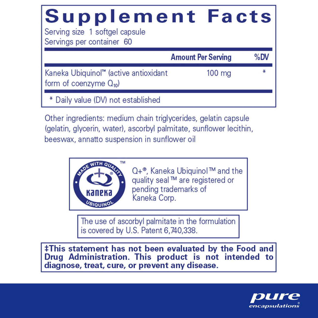 Supplement facts for Pure Encapsulations Ubiquinol-QH 100 mg, showing active CoQ10 antioxidant content, ingredients, and usage details for cardiovascular and energy support.
