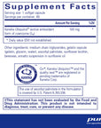 Supplement facts for Pure Encapsulations Ubiquinol-QH 100 mg, showing active CoQ10 antioxidant content, ingredients, and usage details for cardiovascular and energy support.