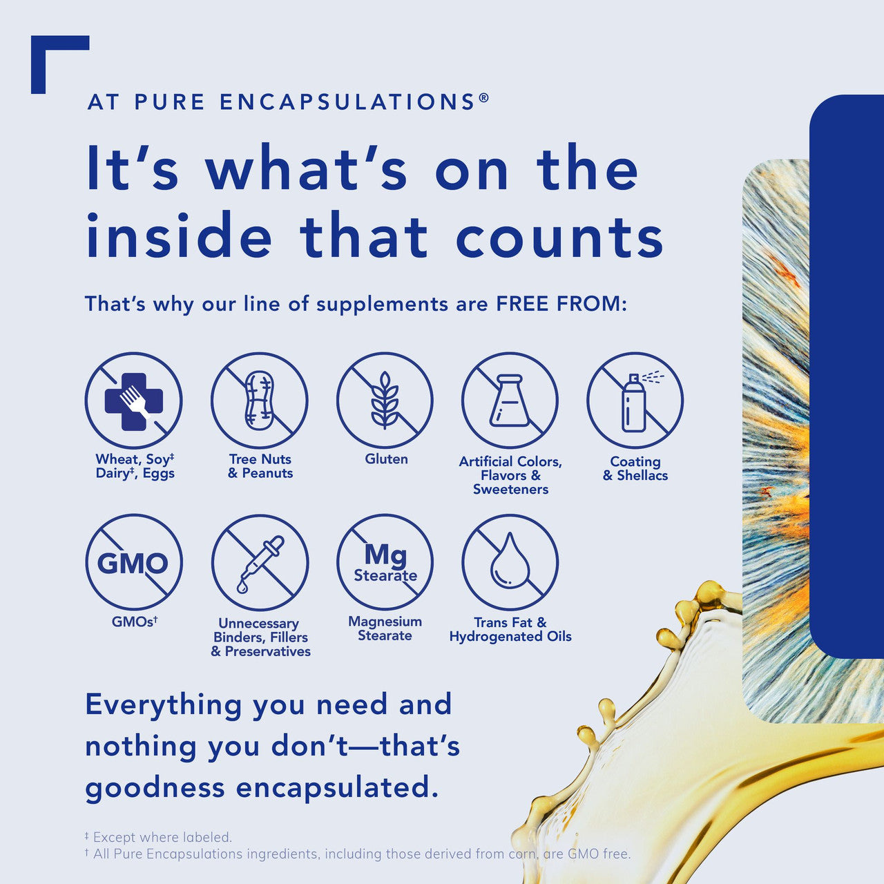 Pure Encapsulations supplements infographic highlighting they are free from wheat, soy, dairy, gluten, GMOs, artificial colors, flavors, sweeteners, and unnecessary fillers."
