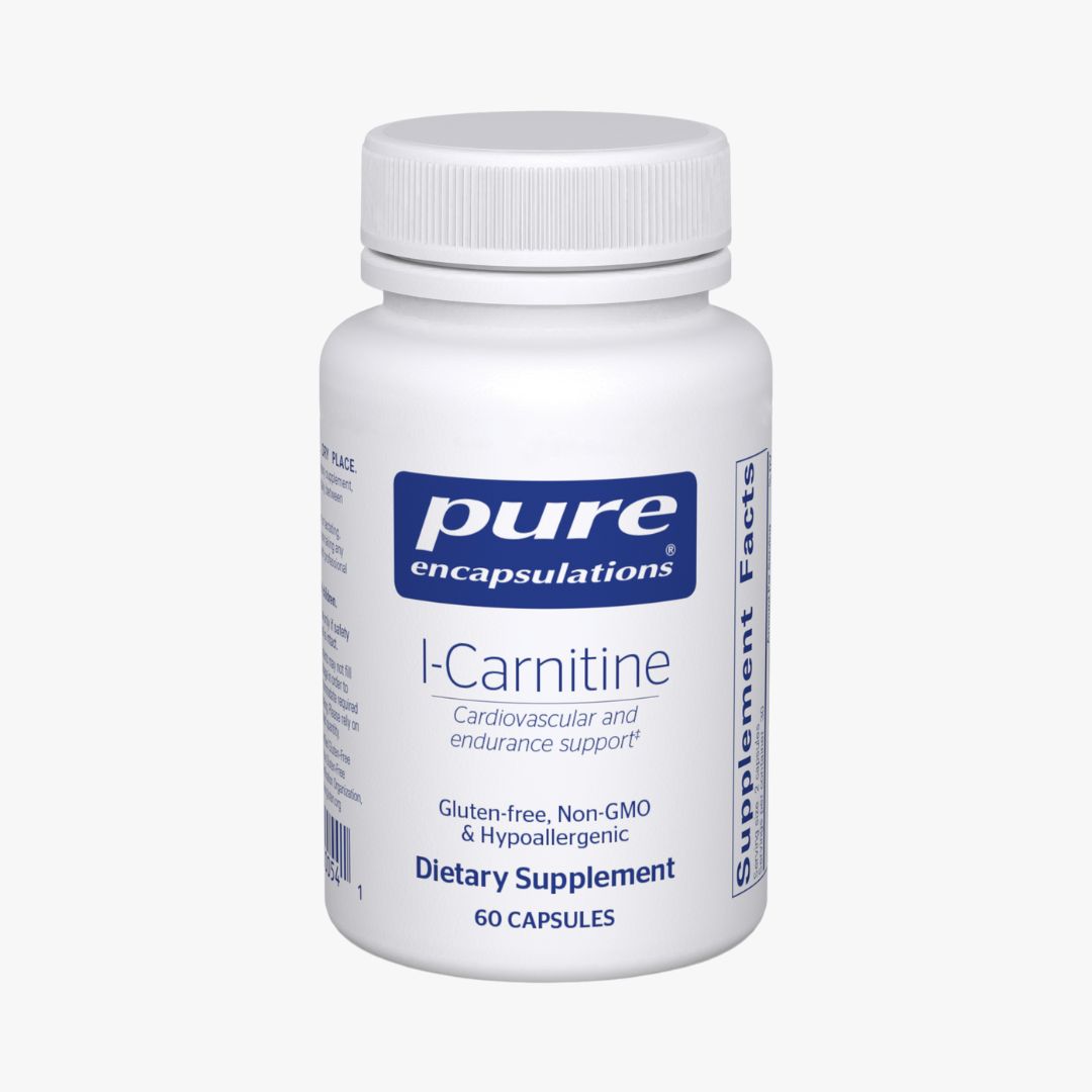Pure Encapsulations L-Carnitine dietary supplement bottle with 60 capsules, supporting cardiovascular health, gluten-free, non-GMO, and hypoallergenic.