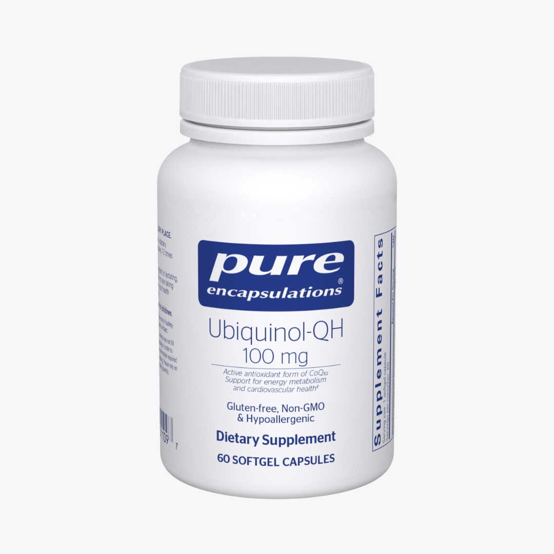 Pure Encapsulations Ubiquinol-QH 100 mg dietary supplement bottle with 60 softgel capsules, supporting energy metabolism and cardiovascular health, gluten-free, non-GMO, and hypoallergenic.