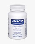 Pure Encapsulations Ubiquinol-QH 100 mg dietary supplement bottle with 60 softgel capsules, supporting energy metabolism and cardiovascular health, gluten-free, non-GMO, and hypoallergenic.