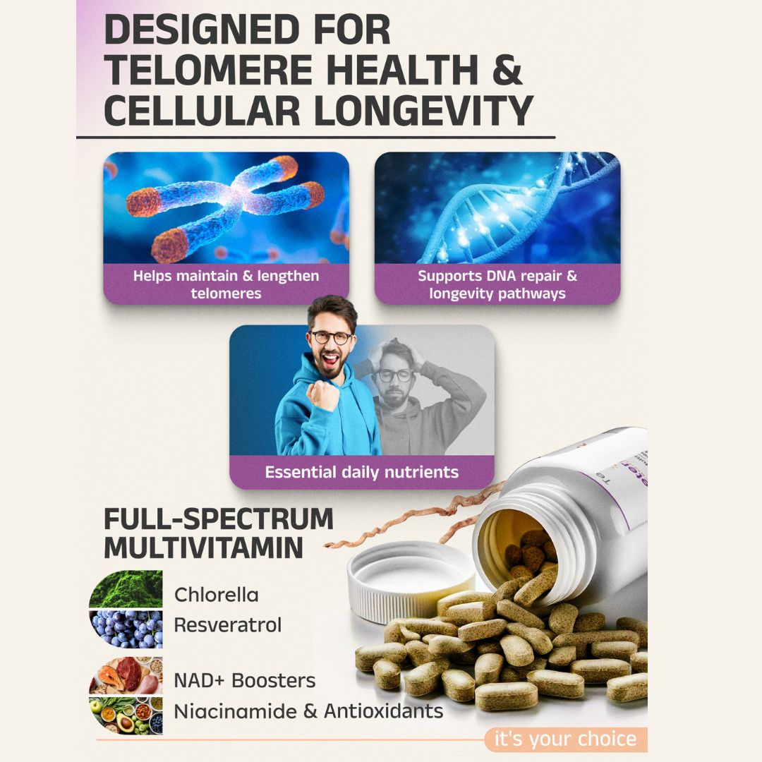 Advertisement for a multivitamin supplement designed for telomere health and cellular longevity, featuring images of DNA, a man, and vitamins.