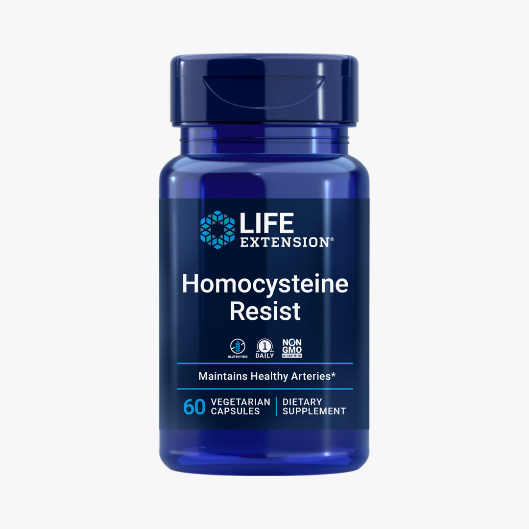 Life Extension Homocysteine Resist supplement – designed to support cardiovascular health and maintain healthy arteries. Contains 60 vegetarian capsules, gluten-free, non-GMO, and taken once daily.