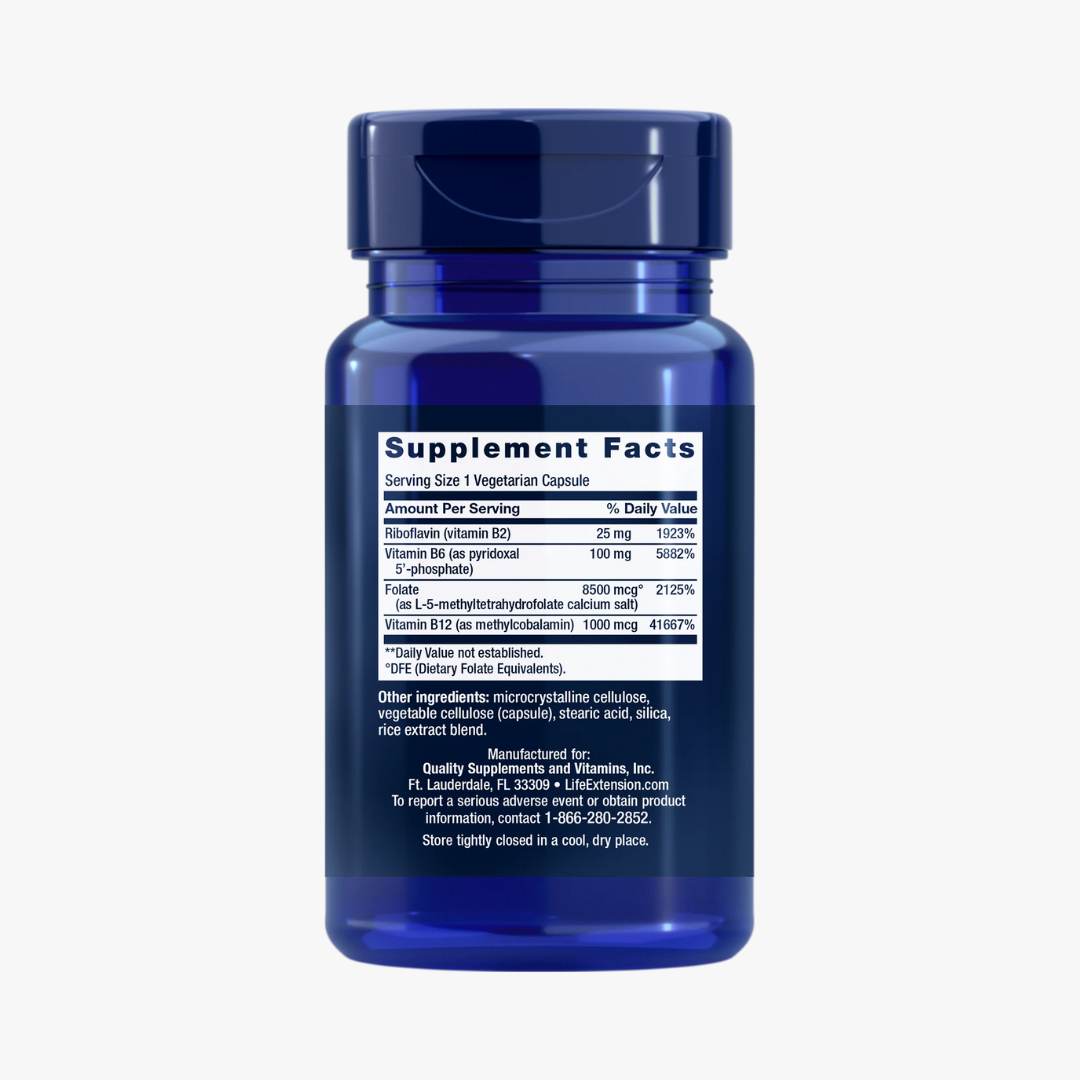 Supplement facts for Life Extension Homocysteine Resist, featuring key nutrients including riboflavin, vitamin B6, folate, and methylcobalamin (B12) to help regulate homocysteine levels for heart health.