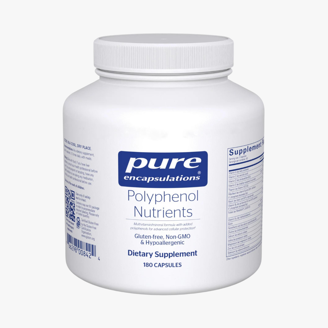 Pure Encapsulations Polyphenol Nutrients – premium polyphenol supplements for advanced cellular protection. Gluten-free, non-GMO, and hypoallergenic dietary supplement with 180 capsules.