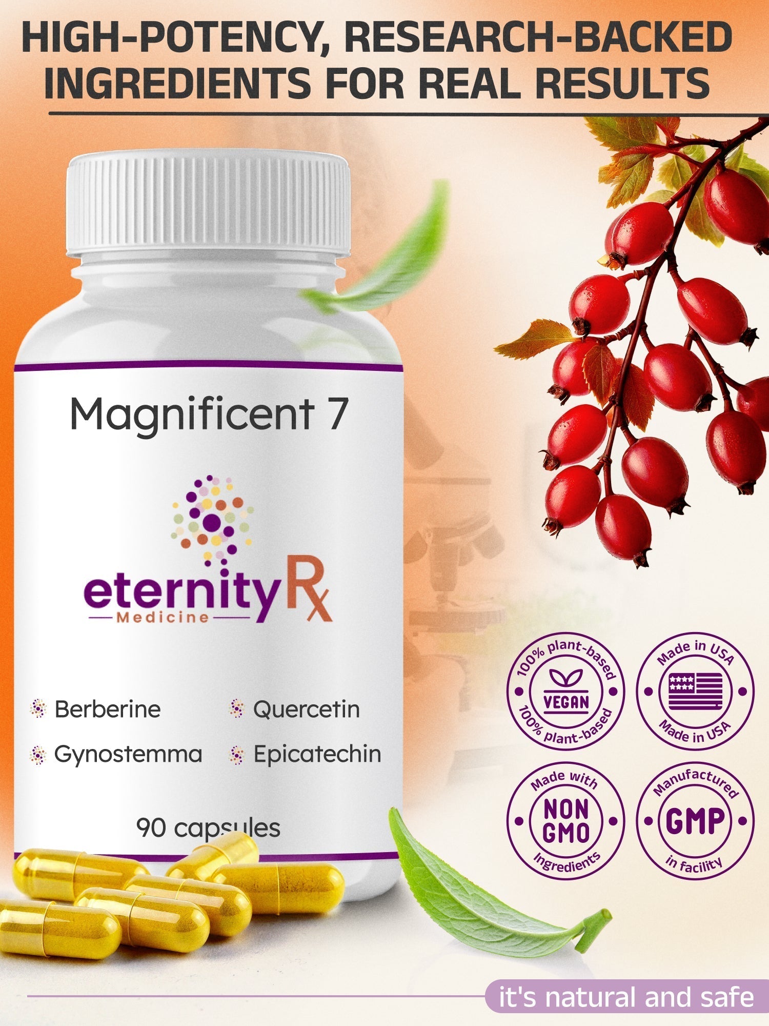 Magnificent 7 supplement bottle with key metabolic ingredients and health certification icons.