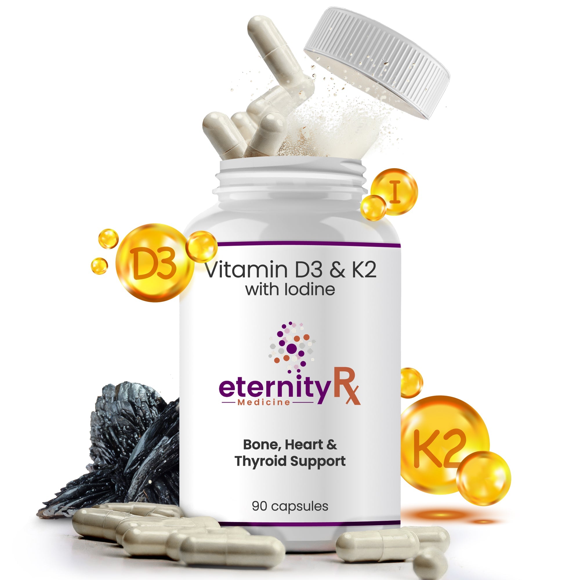 Eternity Medicine Rx Vitamin D3 & K2 with Iodine supplement bottle for bone, heart, and thyroid support with capsules and vitamin elements displayed