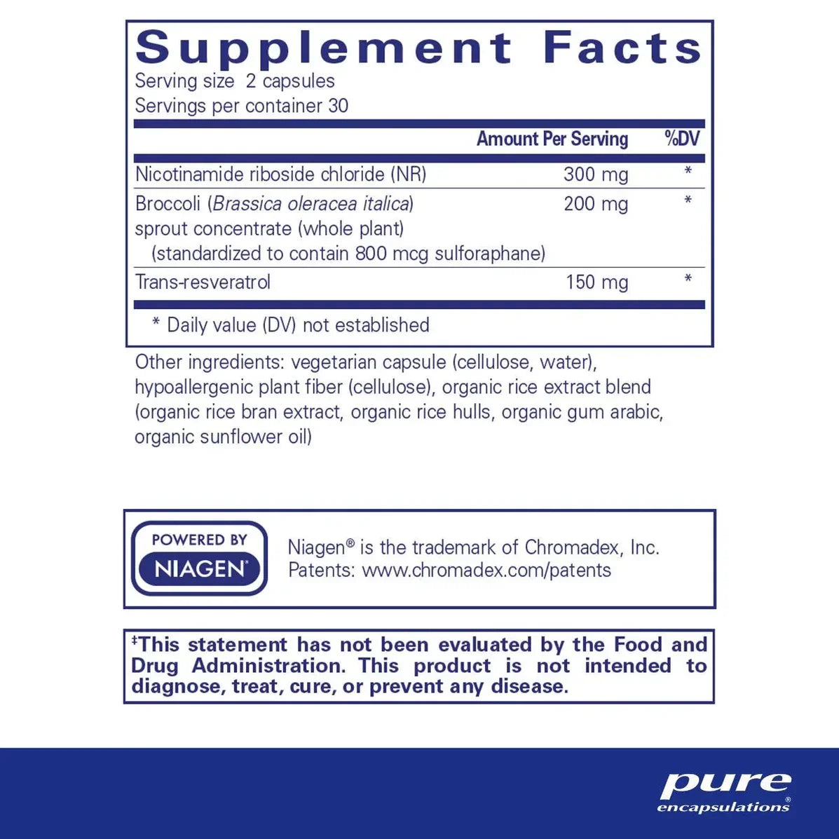 Supplement Facts label for Pure Encapsulations product containing Niacinamide Riboside, Broccoli Extract, and Trans-Resveratrol with daily serving details