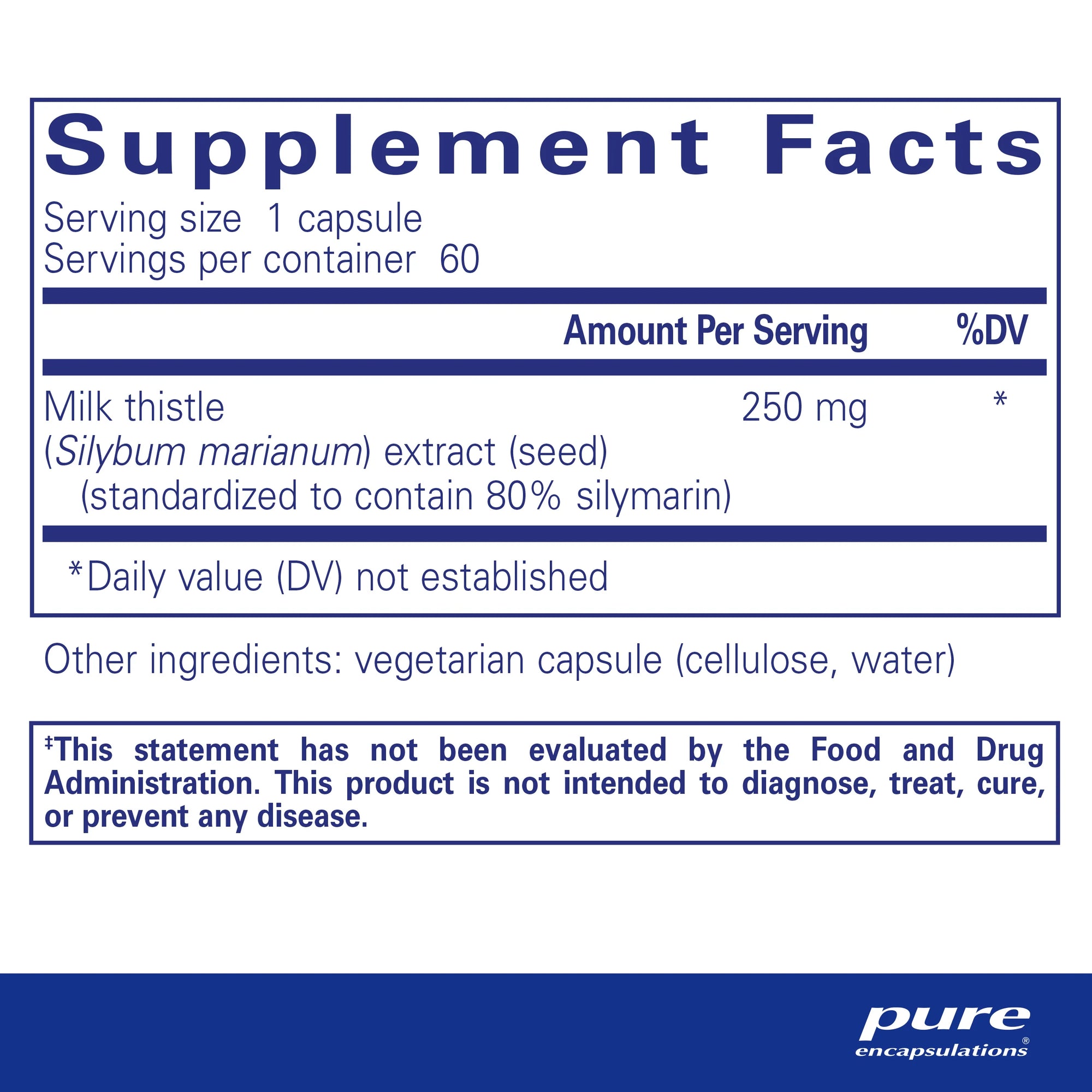 Supplement facts label for Pure Encapsulations Silymarin Milk Thistle, featuring 250 mg of milk thistle extract (Silybum marianum) standardized to 80% silymarin, supporting liver function and antioxidant defense.