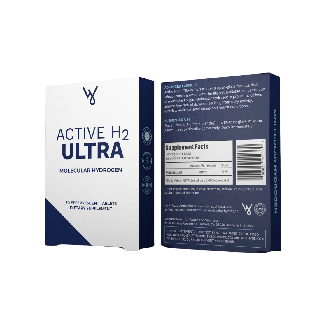 Active H2 Ultra molecular hydrogen tablets – front and back view of packaging showcasing H2 tablets for antioxidant support. The front highlights molecular hydrogen benefits, while the back displays supplement facts, usage instructions, and ingredients, emphasizing magnesium-infused hydrogen support.