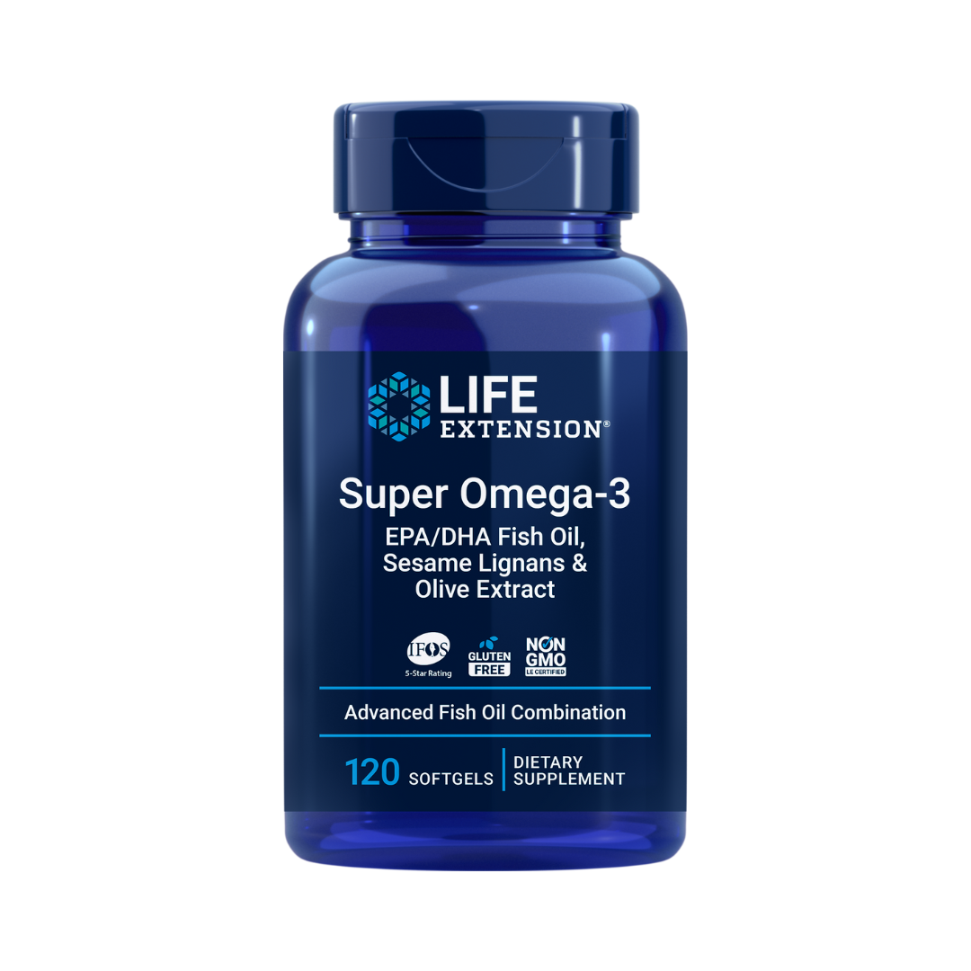 Life Extension Super Omega-3 dietary supplement bottle with 120 softgels, promoting heart health with EPA/DHA fish oil, sesame lignans, and olive extract, gluten-free and non-GMO.