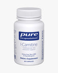 Pure Encapsulations L-Carnitine dietary supplement bottle with 60 capsules, supporting cardiovascular health, gluten-free, non-GMO, and hypoallergenic.