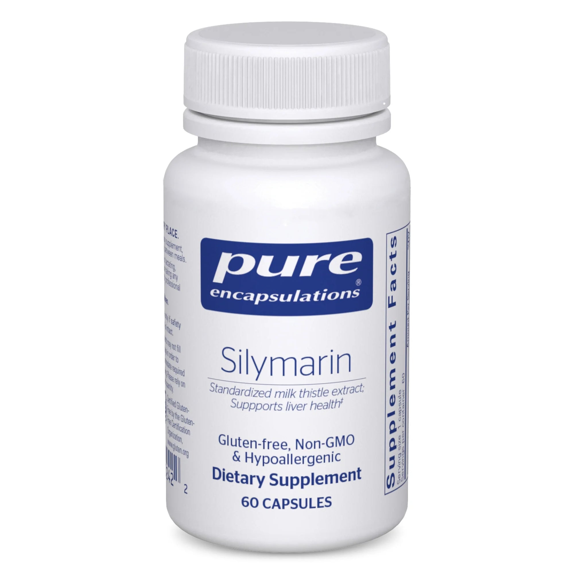 Pure Encapsulations Silymarin Milk Thistle supplement – a high-quality, standardized milk thistle extract designed to support liver health and detoxification. Gluten-free, non-GMO, and hypoallergenic dietary supplement with 60 capsules.&quot;