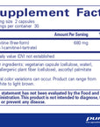 Supplement facts for Pure Encapsulations L-Carnitine, highlighting serving size (2 capsules), 680 mg L-Carnitine content, and hypoallergenic ingredients.