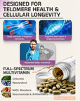 Advertisement for a multivitamin supplement designed for telomere health and cellular longevity, featuring images of DNA, a man, and vitamins.